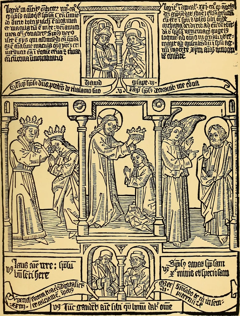 An illustration from Principia typographica. The block-books, or xylographic delineations of scripture history; issued in Holland, Flanders and Germany, during the fifteenth century, exemplified and considered in connexion with the origin of printing. To which is added an attempt to elucidate the character of the paper-marks of the period, 1858, leaf 102