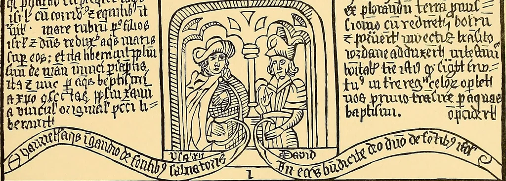 An illustration from Principia typographica. The block-books, or xylographic delineations of scripture history; issued in Holland, Flanders and Germany, during the fifteenth century, exemplified and considered in connexion with the origin of printing. To which is added an attempt to elucidate the character of the paper-marks of the period, 1858, leaf 106