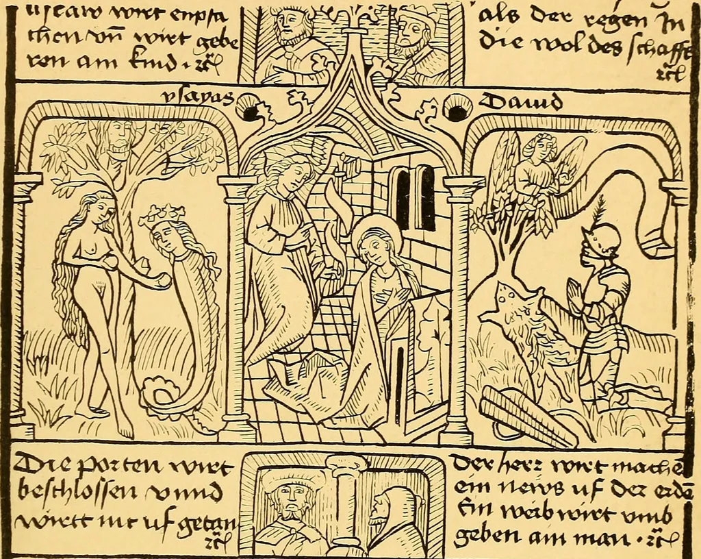 An illustration from Principia typographica. The block-books, or xylographic delineations of scripture history; issued in Holland, Flanders and Germany, during the fifteenth century, exemplified and considered in connexion with the origin of printing. To which is added an attempt to elucidate the character of the paper-marks of the period, 1858, leaf 116