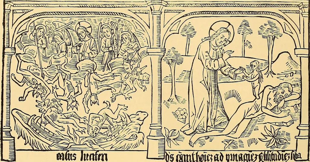 An illustration from Principia typographica. The block-books, or xylographic delineations of scripture history; issued in Holland, Flanders and Germany, during the fifteenth century, exemplified and considered in connexion with the origin of printing. To which is added an attempt to elucidate the character of the paper-marks of the period, 1858, leaf 155