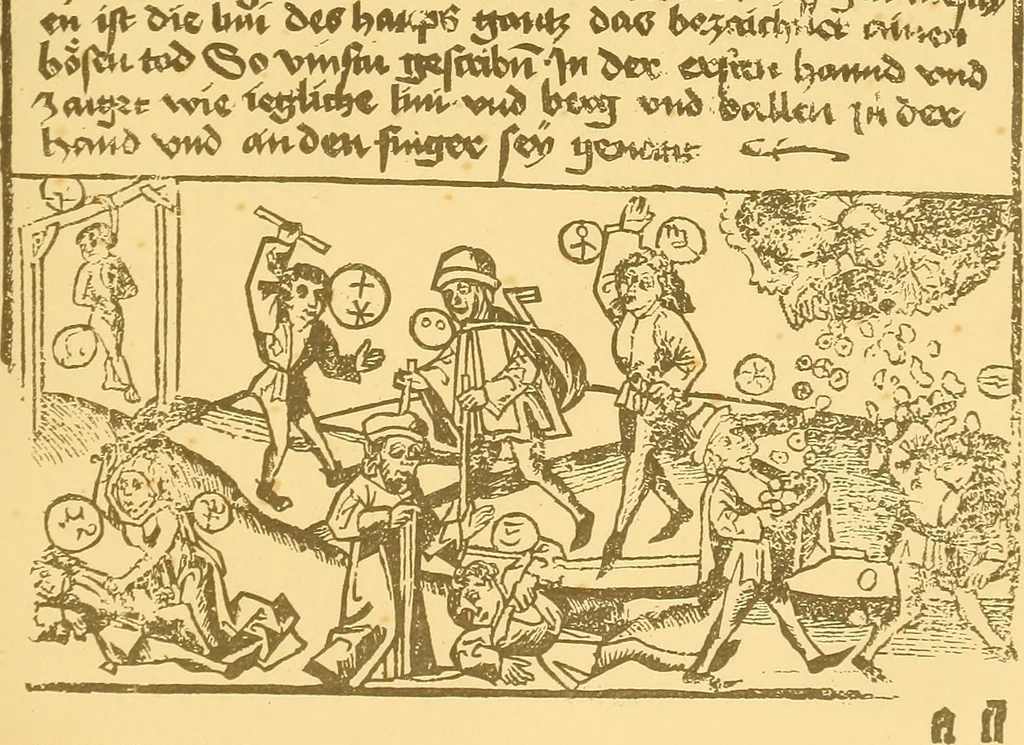 An illustration from Principia typographica. The block-books, or xylographic delineations of scripture history; issued in Holland, Flanders and Germany, during the fifteenth century, exemplified and considered in connexion with the origin of printing. To which is added an attempt to elucidate the character of the paper-marks of the period, 1858, leaf 158