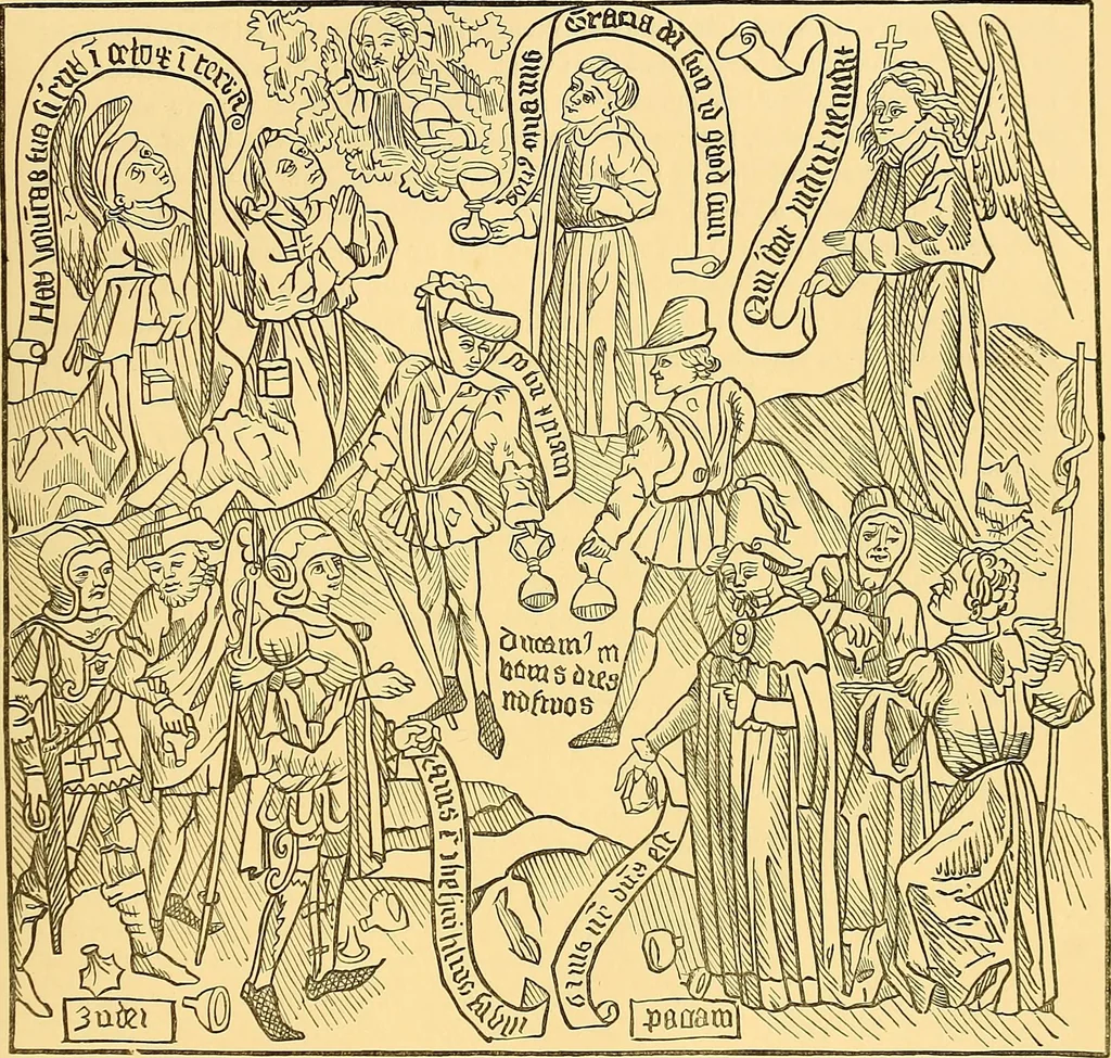 An illustration from Principia typographica. The block-books, or xylographic delineations of scripture history; issued in Holland, Flanders and Germany, during the fifteenth century, exemplified and considered in connexion with the origin of printing. To which is added an attempt to elucidate the character of the paper-marks of the period, 1858, leaf 228