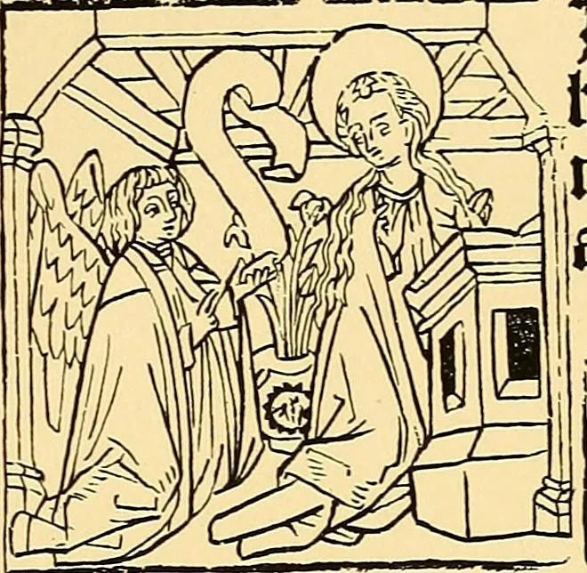 An illustration from Principia typographica. The block-books, or xylographic delineations of scripture history; issued in Holland, Flanders and Germany, during the fifteenth century, exemplified and considered in connexion with the origin of printing. To which is added an attempt to elucidate the character of the paper-marks of the period, 1858, leaf 294
