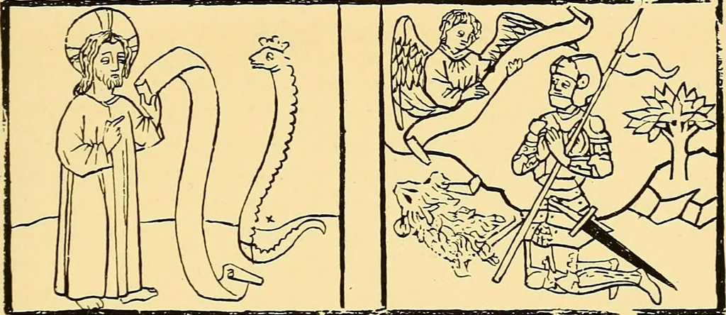 An illustration from Principia typographica. The block-books, or xylographic delineations of scripture history; issued in Holland, Flanders and Germany, during the fifteenth century, exemplified and considered in connexion with the origin of printing. To which is added an attempt to elucidate the character of the paper-marks of the period, 1858, leaf 294