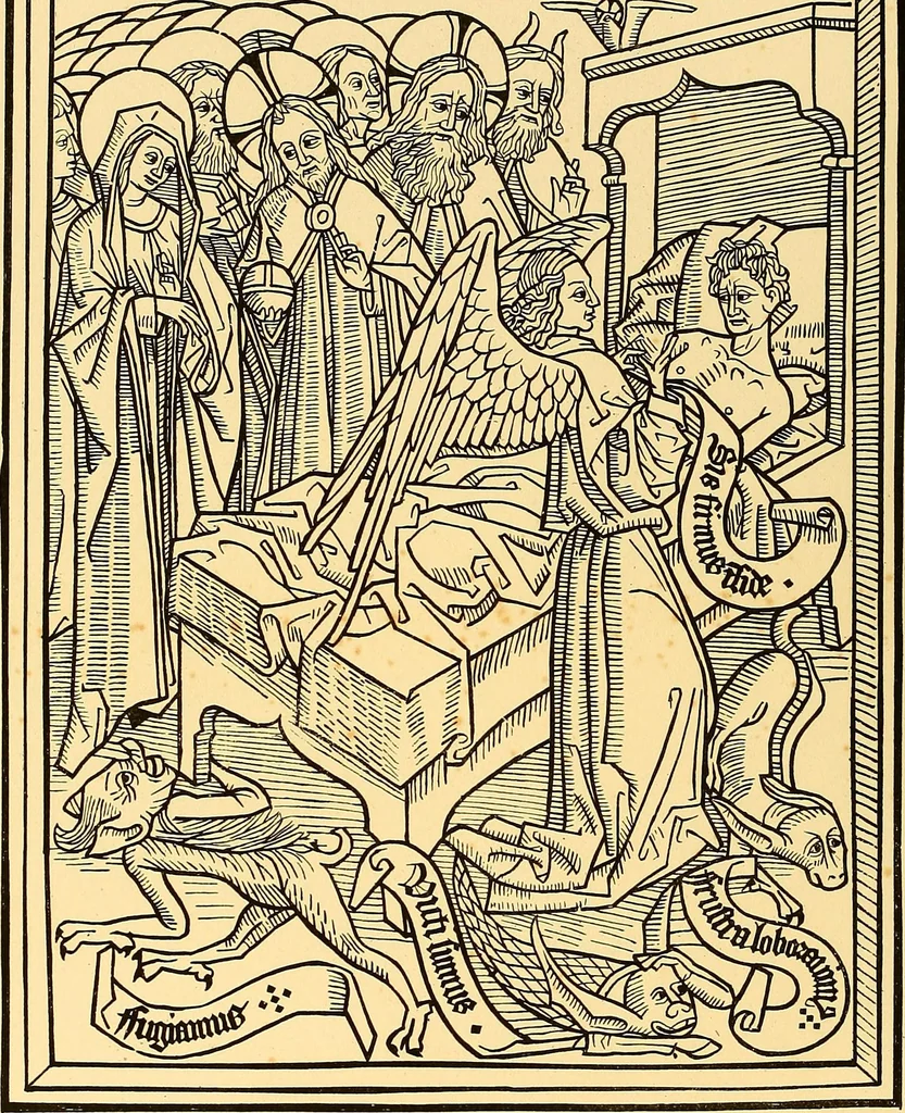 An illustration from Principia typographica. The block-books, or xylographic delineations of scripture history; issued in Holland, Flanders and Germany, during the fifteenth century, exemplified and considered in connexion with the origin of printing. To which is added an attempt to elucidate the character of the paper-marks of the period, 1858, leaf 37