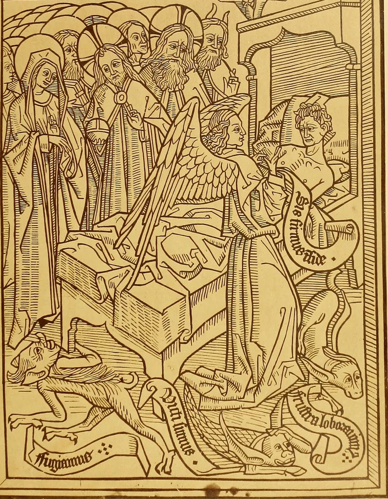 An illustration from Principia typographica. The block-books, or xylographic delineations of scripture history; issued in Holland, Flanders and Germany, during the fifteenth century, exemplified and considered in connexion with the origin of printing. To which is added an attempt to elucidate the character of the paper-marks of the period, 1858, leaf 38