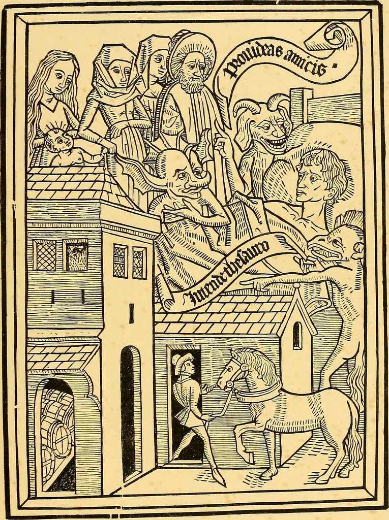 An illustration from Principia typographica. The block-books, or xylographic delineations of scripture history; issued in Holland, Flanders and Germany, during the fifteenth century, exemplified and considered in connexion with the origin of printing. To which is added an attempt to elucidate the character of the paper-marks of the period, 1858, leaf 48