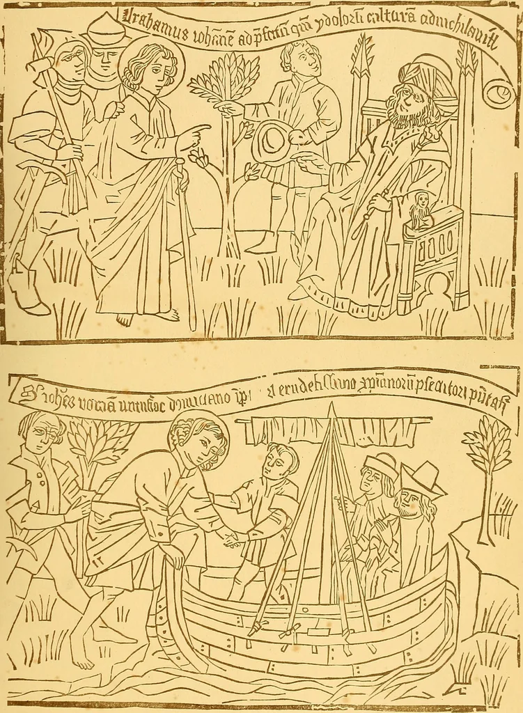 An illustration from Principia typographica. The block-books, or xylographic delineations of scripture history; issued in Holland, Flanders and Germany, during the fifteenth century, exemplified and considered in connexion with the origin of printing. To which is added an attempt to elucidate the character of the paper-marks of the period, 1858, leaf 96