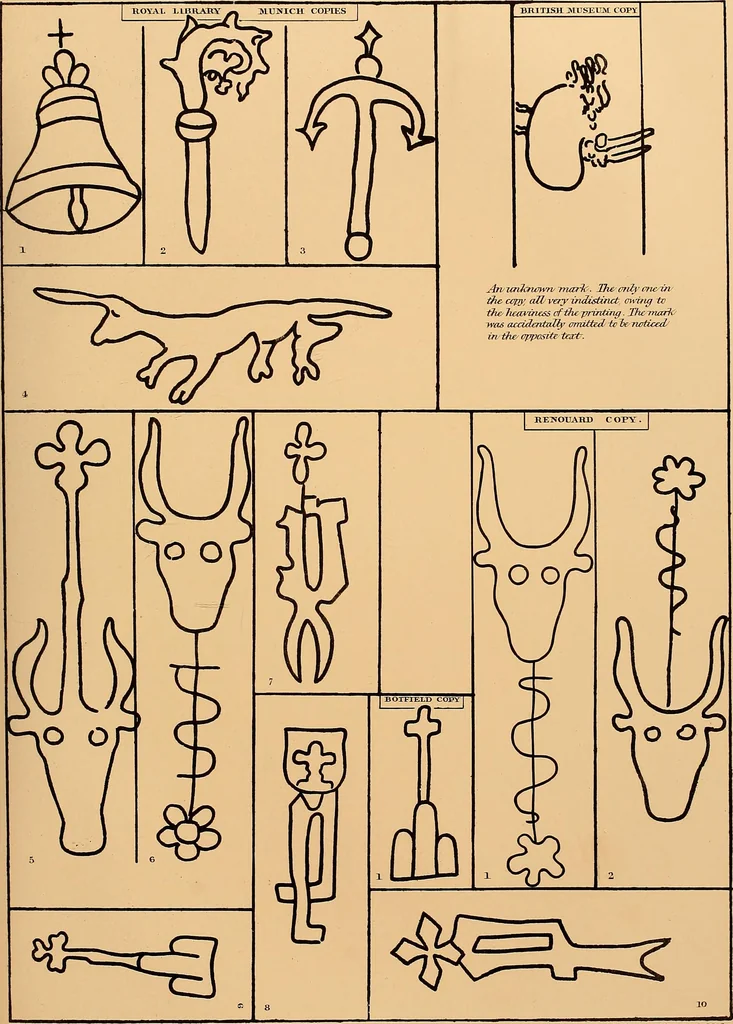 An illustration from Principia typographica. The block-books, or xylographic delineations of scripture history; issued in Holland, Flanders and Germany, during the fifteenth century, exemplified and considered in connexion with the origin of printing. To which is added an attempt to elucidate the character of the paper-marks of the period, 1858, leaf 158