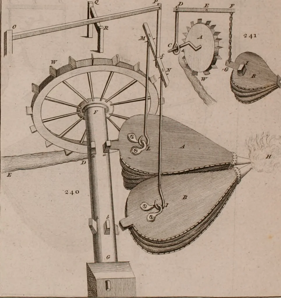 An illustration from The principles of mechanics : explaining and demonstrating the general laws of motion, the laws of gravity, motion of descending bodies, projectiles, mechanic powers, pendulums, centers of gravity, &c. strength and stress of timber, hydrostatics, and construction of machines : a work very necessary to be known, by all gentlemen, and others, that desire to have an insight into the works of nature and art : and extremely useful to all sorts of artificers, particularly to architects, engineers, shipwrights, millwrights, watchmakers, &c. or any that work in a mechanical way : illustrated with forty-three copper-plates, 1773, leaf 339