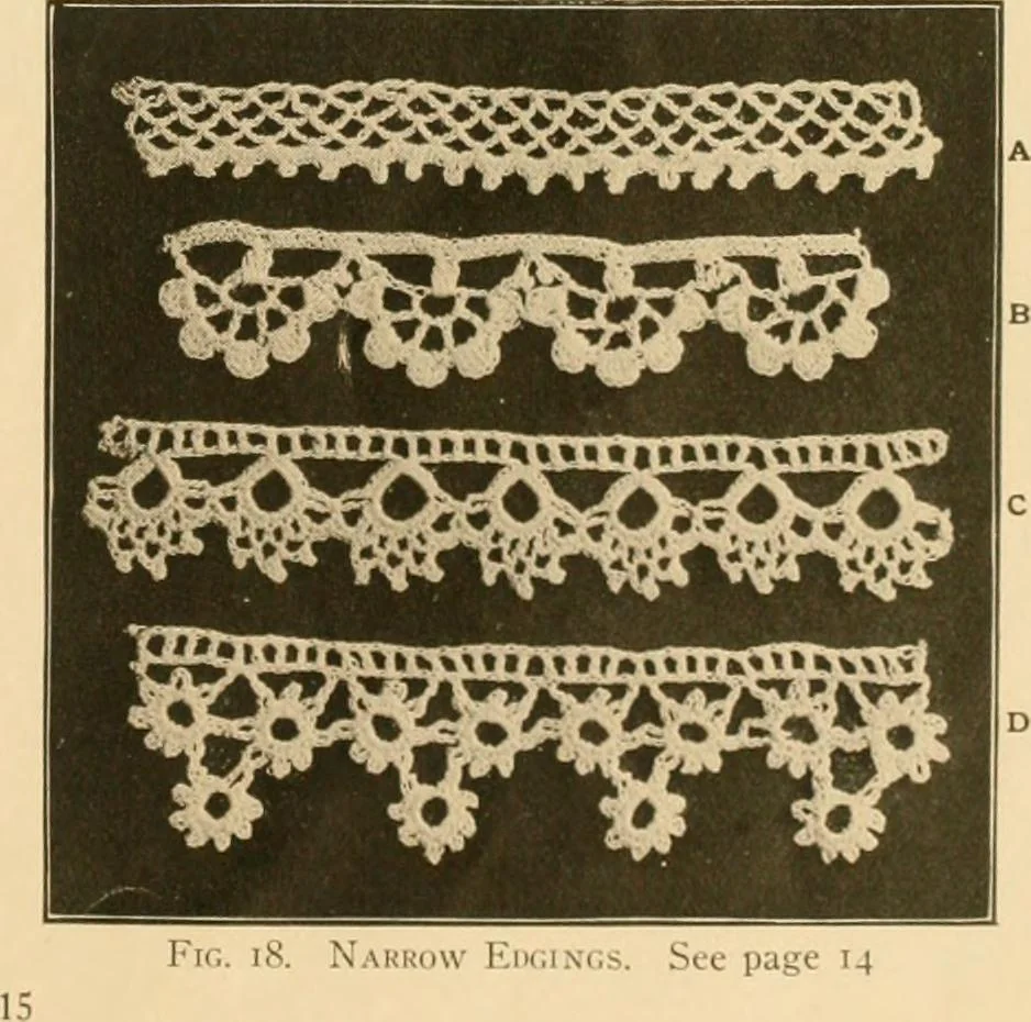 An illustration from The Priscilla crochet book, edgings and insertions, no. 2; a collection of beautiful and useful patterns, with directions for working, 1916, leaf 16