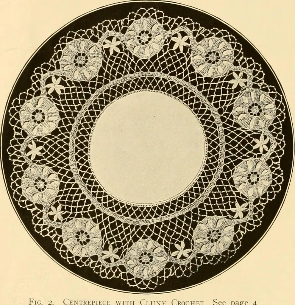 An illustration from The Priscilla crochet book, centerpieces and doilies;, 1915, leaf 5