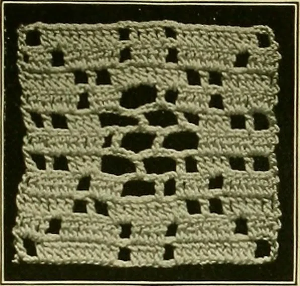 An illustration from The Priscilla filet crochet book : a collection of beautiful designs in filet crochet, equally adapted to cross-stitch beads and canvas with working directions, 1915, leaf 10