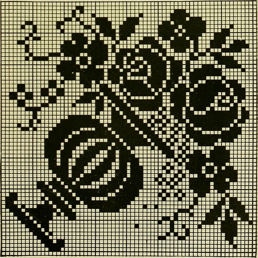 An illustration from The Priscilla filet crochet book : a collection of beautiful designs in filet crochet, equally adapted to cross-stitch beads and canvas with working directions, 1915, leaf 10
