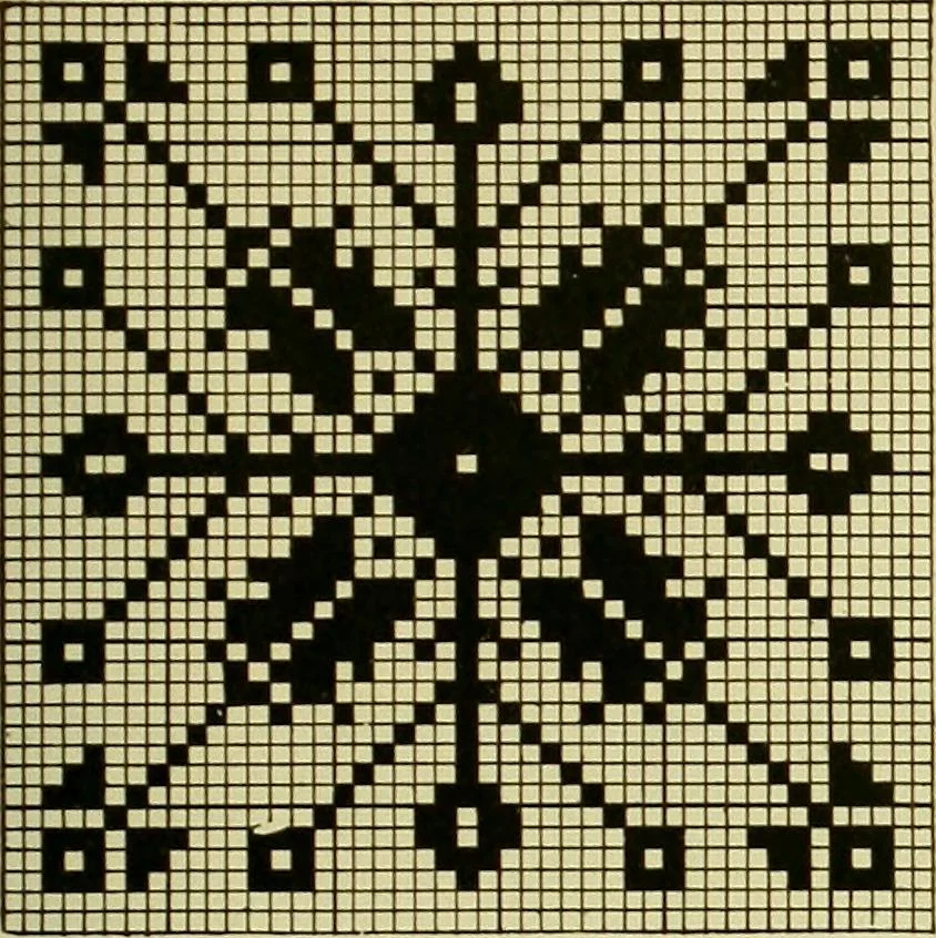 An illustration from The Priscilla filet crochet book : a collection of beautiful designs in filet crochet, equally adapted to cross-stitch beads and canvas with working directions, 1915, leaf 12