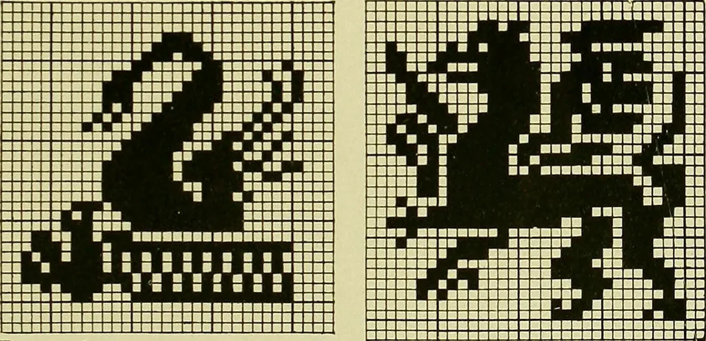 An illustration from The Priscilla filet crochet book : a collection of beautiful designs in filet crochet, equally adapted to cross-stitch beads and canvas with working directions, 1915, leaf 12