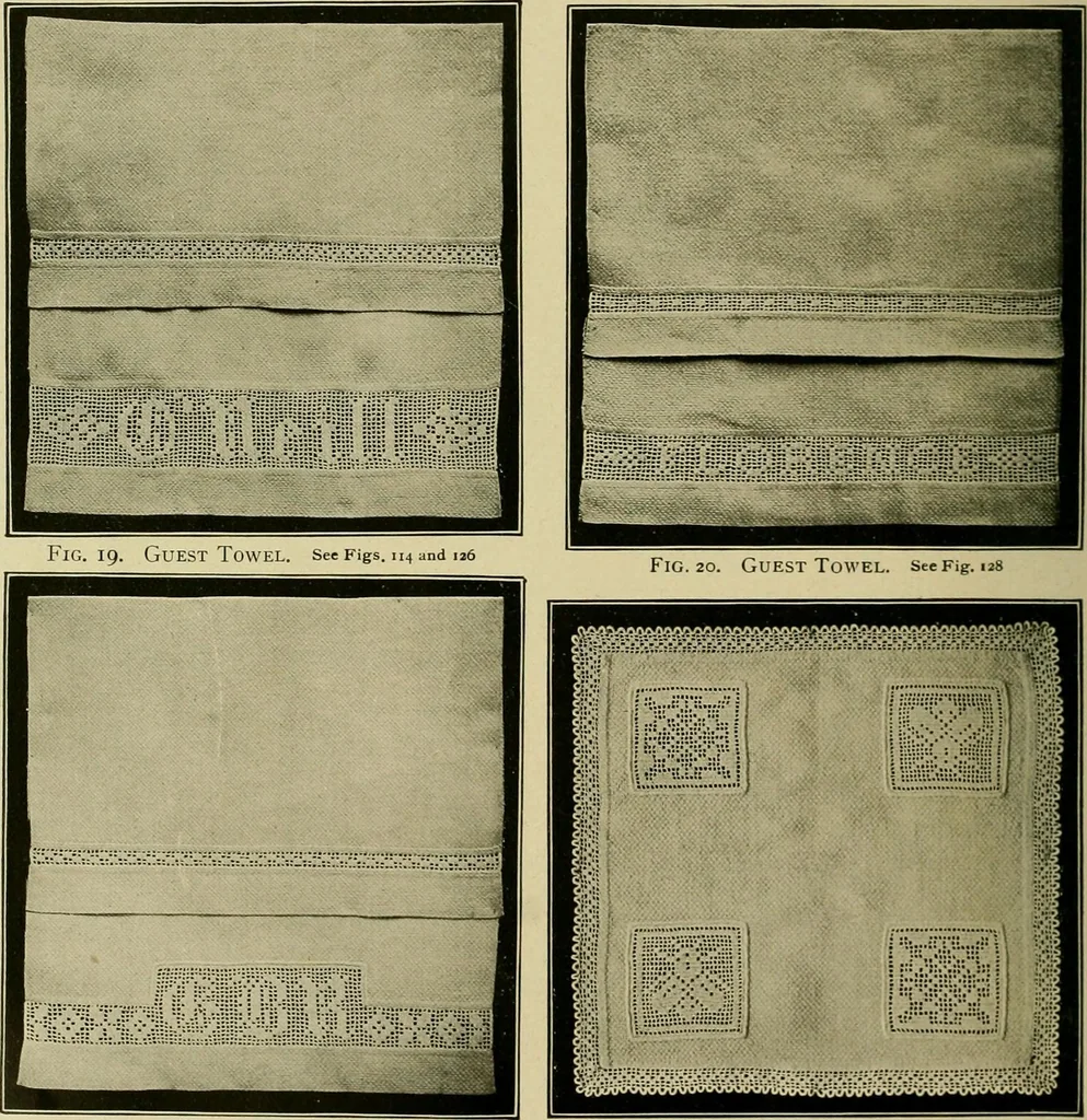 An illustration from The Priscilla filet crochet book : a collection of beautiful designs in filet crochet, equally adapted to cross-stitch beads and canvas with working directions, 1915, leaf 13
