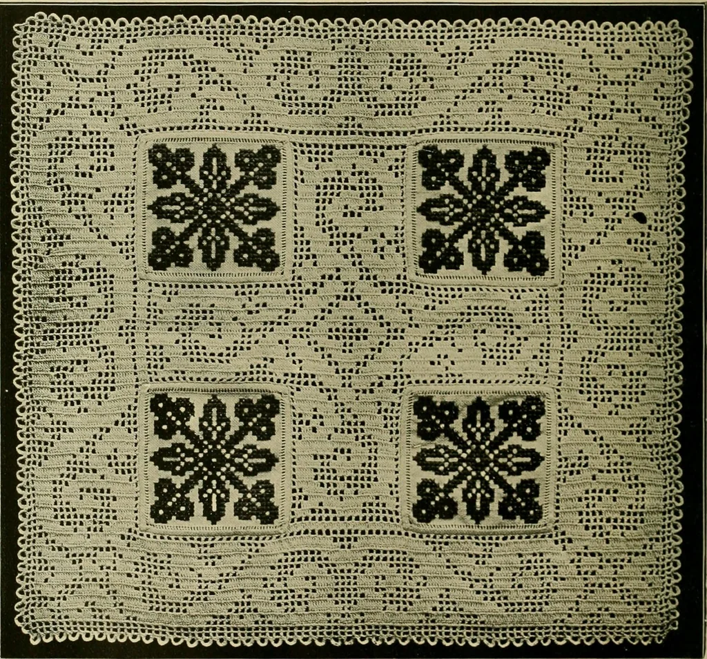 An illustration from The Priscilla filet crochet book : a collection of beautiful designs in filet crochet, equally adapted to cross-stitch beads and canvas with working directions, 1915, leaf 15