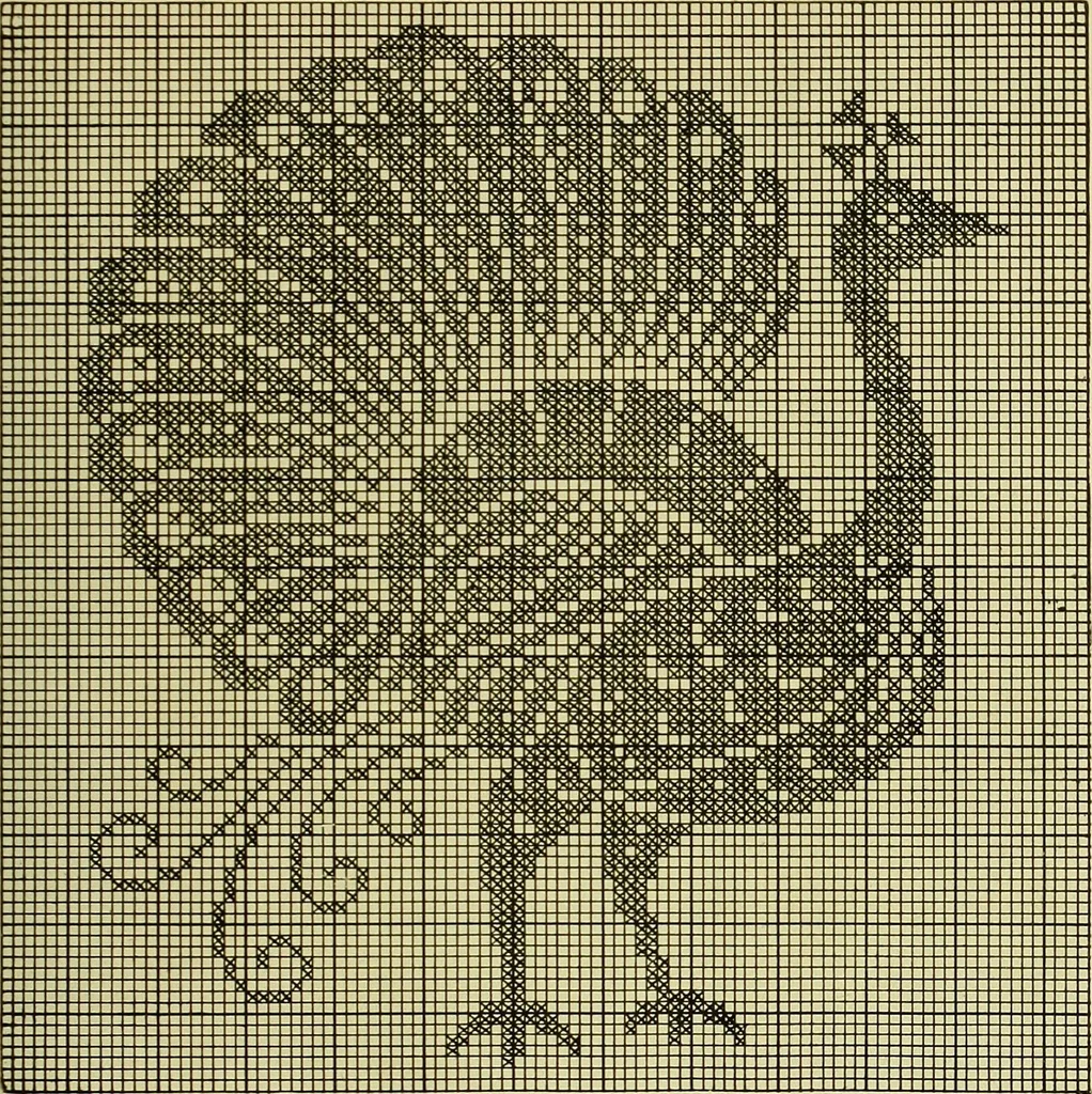 An illustration from The Priscilla filet crochet book : a collection of beautiful designs in filet crochet, equally adapted to cross-stitch beads and canvas with working directions, 1915, leaf 18