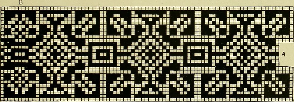 An illustration from The Priscilla filet crochet book : a collection of beautiful designs in filet crochet, equally adapted to cross-stitch beads and canvas with working directions, 1915, leaf 18