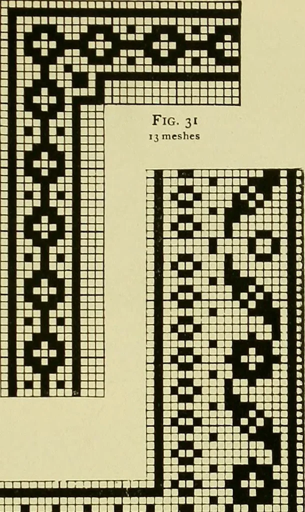 An illustration from The Priscilla filet crochet book : a collection of beautiful designs in filet crochet, equally adapted to cross-stitch beads and canvas with working directions, 1915, leaf 22