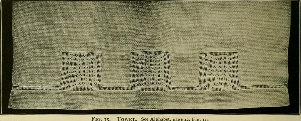 An illustration from The Priscilla filet crochet book : a collection of beautiful designs in filet crochet, equally adapted to cross-stitch beads and canvas with working directions, 1915, leaf 23
