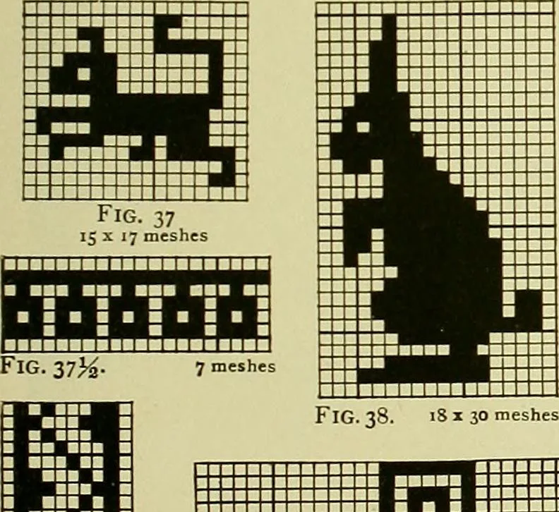 An illustration from The Priscilla filet crochet book : a collection of beautiful designs in filet crochet, equally adapted to cross-stitch beads and canvas with working directions, 1915, leaf 24