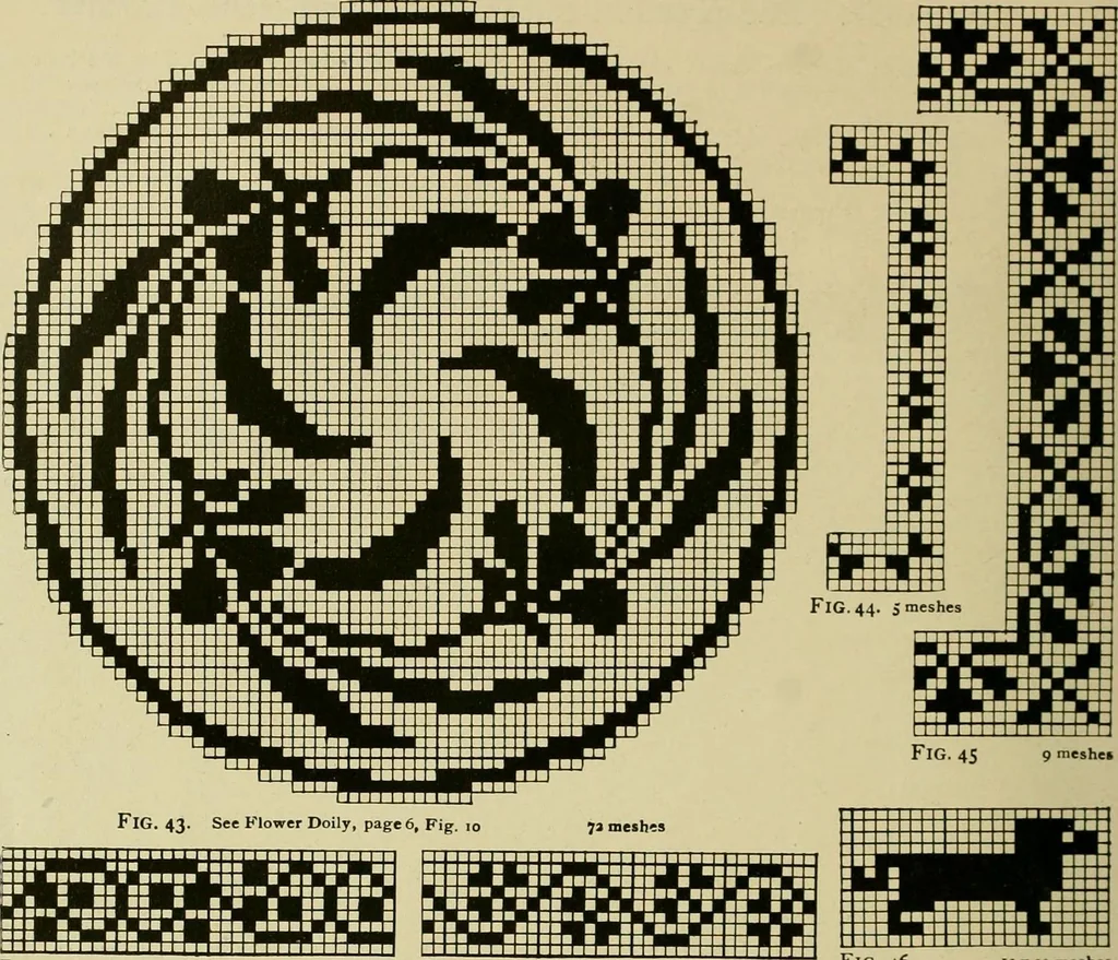 An illustration from The Priscilla filet crochet book : a collection of beautiful designs in filet crochet, equally adapted to cross-stitch beads and canvas with working directions, 1915, leaf 27