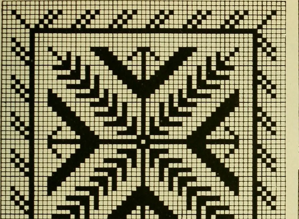 An illustration from The Priscilla filet crochet book : a collection of beautiful designs in filet crochet, equally adapted to cross-stitch beads and canvas with working directions, 1915, leaf 28