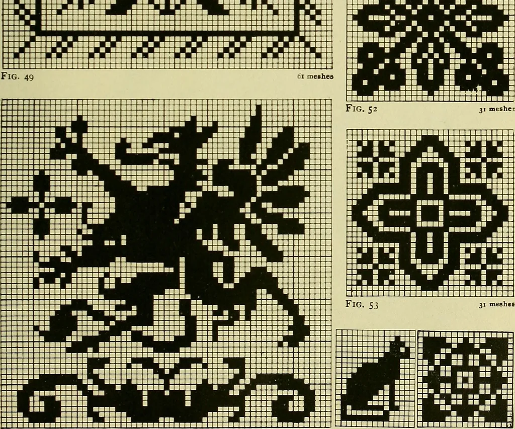 An illustration from The Priscilla filet crochet book : a collection of beautiful designs in filet crochet, equally adapted to cross-stitch beads and canvas with working directions, 1915, leaf 28