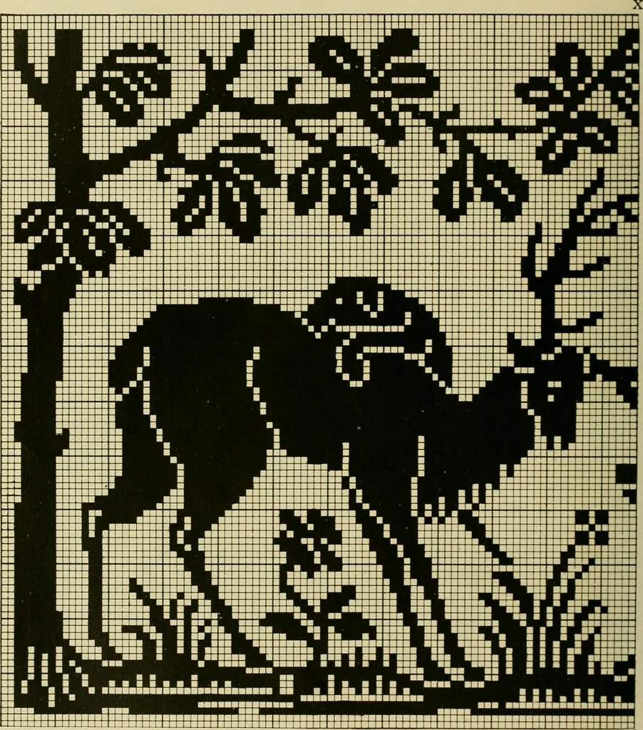 An illustration from The Priscilla filet crochet book : a collection of beautiful designs in filet crochet, equally adapted to cross-stitch beads and canvas with working directions, 1915, leaf 33