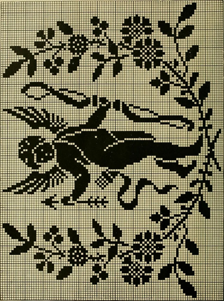 An illustration from The Priscilla filet crochet book : a collection of beautiful designs in filet crochet, equally adapted to cross-stitch beads and canvas with working directions, 1915, leaf 37