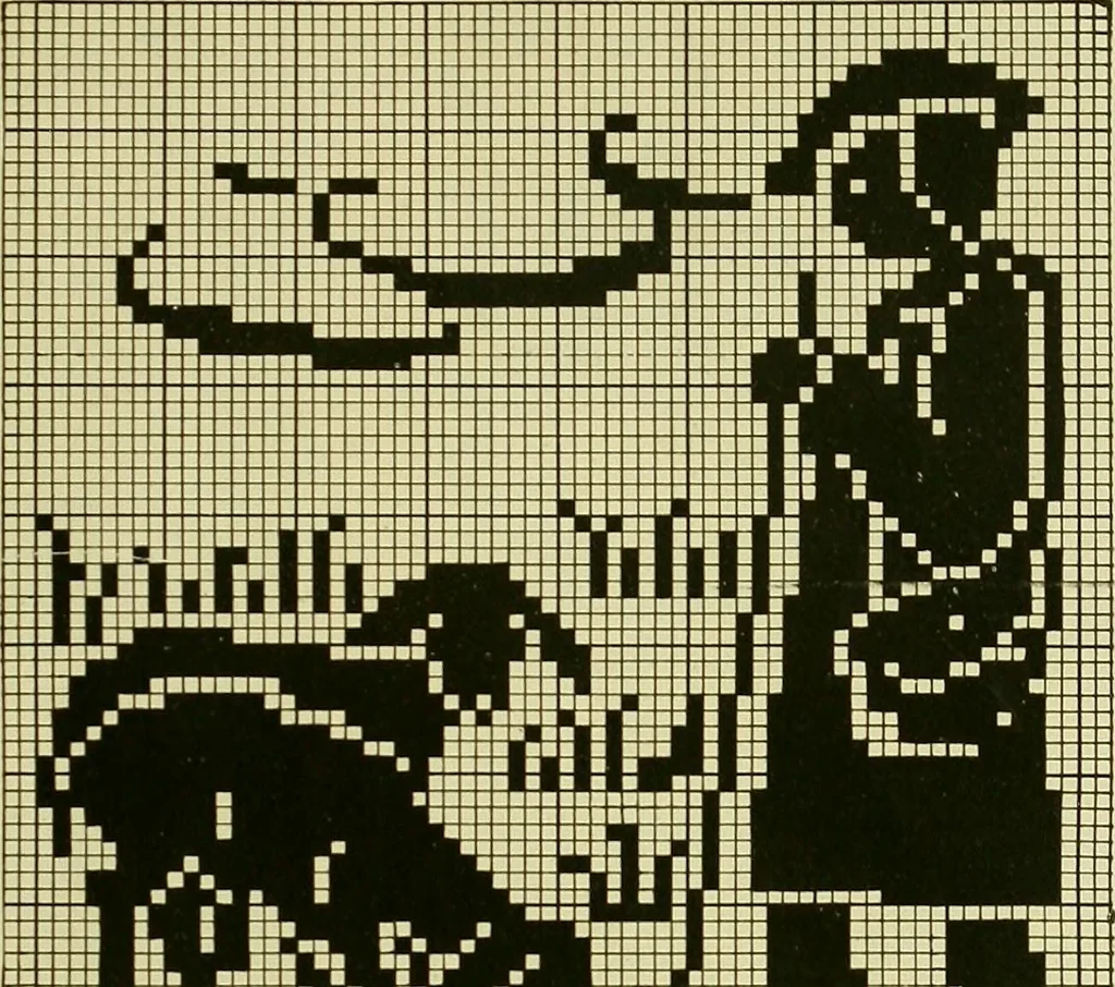 An illustration from The Priscilla filet crochet book : a collection of beautiful designs in filet crochet, equally adapted to cross-stitch beads and canvas with working directions, 1915, leaf 38