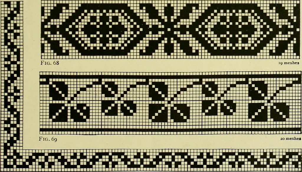 An illustration from The Priscilla filet crochet book : a collection of beautiful designs in filet crochet, equally adapted to cross-stitch beads and canvas with working directions, 1915, leaf 38