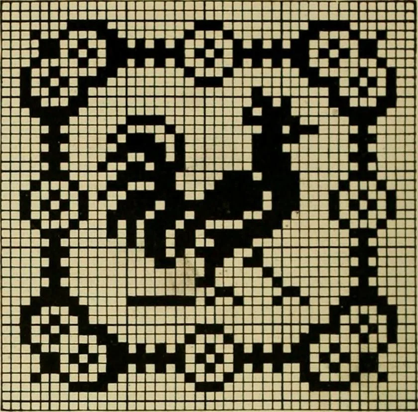 An illustration from The Priscilla filet crochet book : a collection of beautiful designs in filet crochet, equally adapted to cross-stitch beads and canvas with working directions, 1915, leaf 39