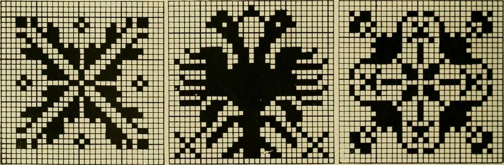 An illustration from The Priscilla filet crochet book : a collection of beautiful designs in filet crochet, equally adapted to cross-stitch beads and canvas with working directions, 1915, leaf 39