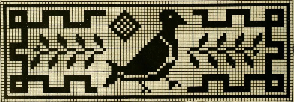 An illustration from The Priscilla filet crochet book : a collection of beautiful designs in filet crochet, equally adapted to cross-stitch beads and canvas with working directions, 1915, leaf 41