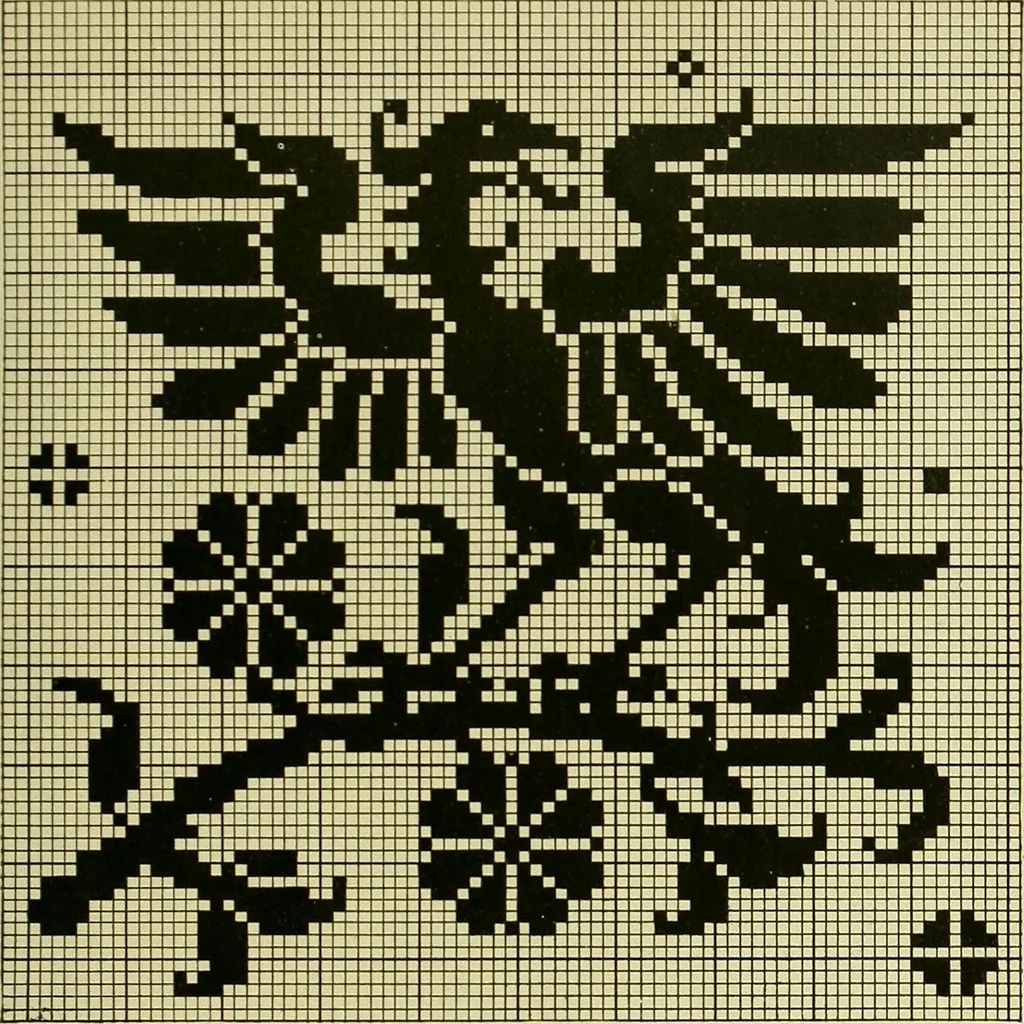 An illustration from The Priscilla filet crochet book : a collection of beautiful designs in filet crochet, equally adapted to cross-stitch beads and canvas with working directions, 1915, leaf 42