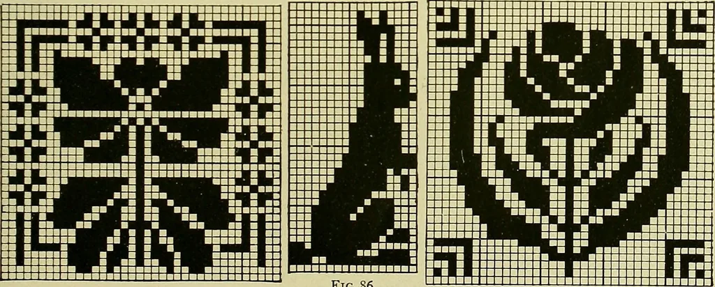 An illustration from The Priscilla filet crochet book : a collection of beautiful designs in filet crochet, equally adapted to cross-stitch beads and canvas with working directions, 1915, leaf 42