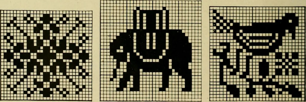 An illustration from The Priscilla filet crochet book : a collection of beautiful designs in filet crochet, equally adapted to cross-stitch beads and canvas with working directions, 1915, leaf 43