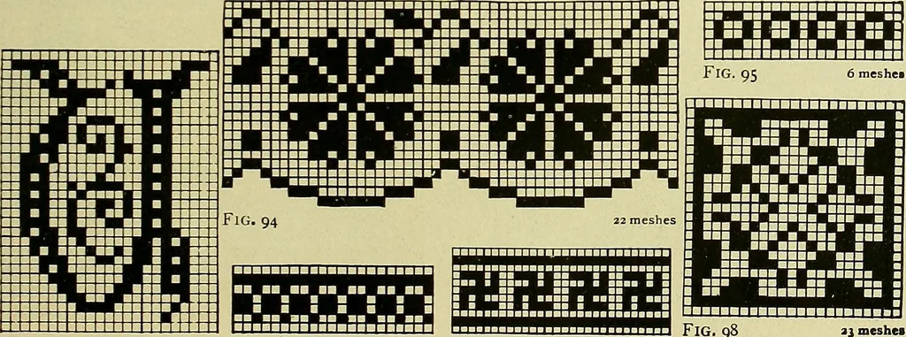 An illustration from The Priscilla filet crochet book : a collection of beautiful designs in filet crochet, equally adapted to cross-stitch beads and canvas with working directions, 1915, leaf 44