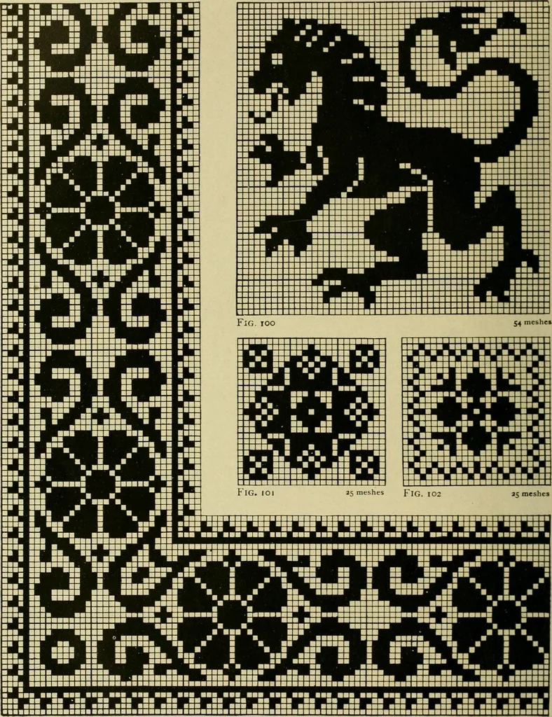 An illustration from The Priscilla filet crochet book : a collection of beautiful designs in filet crochet, equally adapted to cross-stitch beads and canvas with working directions, 1915, leaf 45