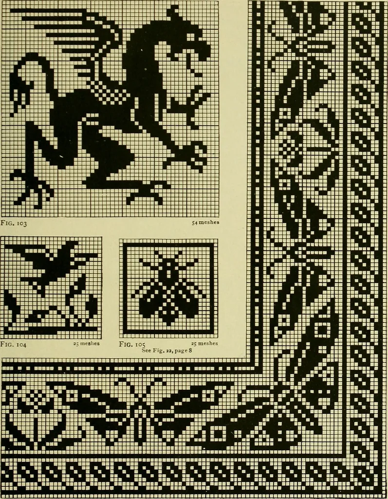 An illustration from The Priscilla filet crochet book : a collection of beautiful designs in filet crochet, equally adapted to cross-stitch beads and canvas with working directions, 1915, leaf 46