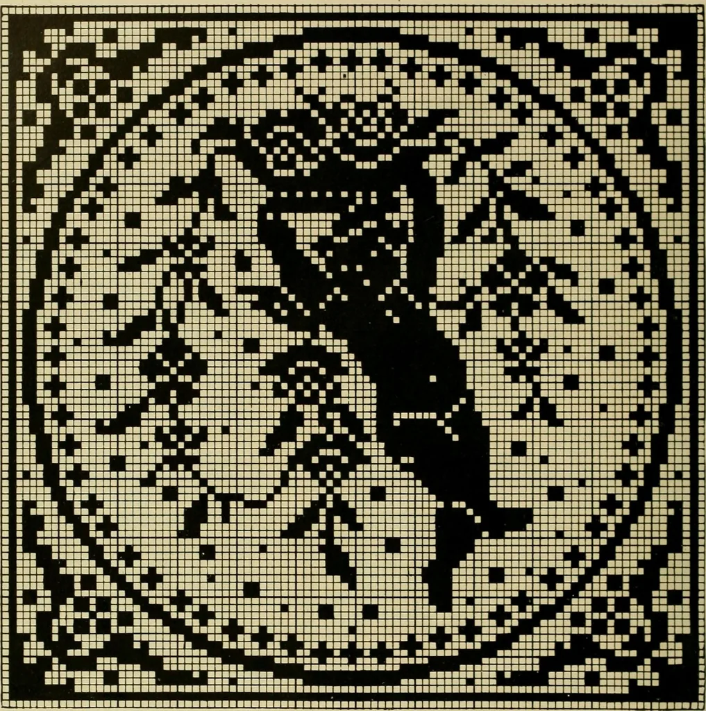 An illustration from The Priscilla filet crochet book : a collection of beautiful designs in filet crochet, equally adapted to cross-stitch beads and canvas with working directions, 1915, leaf 47