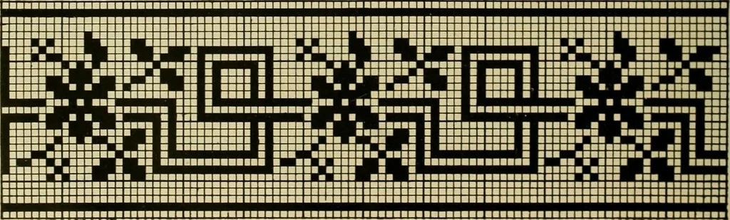 An illustration from The Priscilla filet crochet book : a collection of beautiful designs in filet crochet, equally adapted to cross-stitch beads and canvas with working directions, 1915, leaf 47