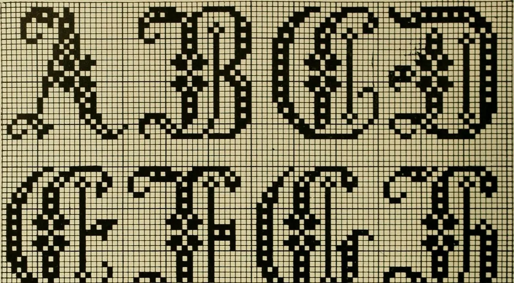 An illustration from The Priscilla filet crochet book : a collection of beautiful designs in filet crochet, equally adapted to cross-stitch beads and canvas with working directions, 1915, leaf 49