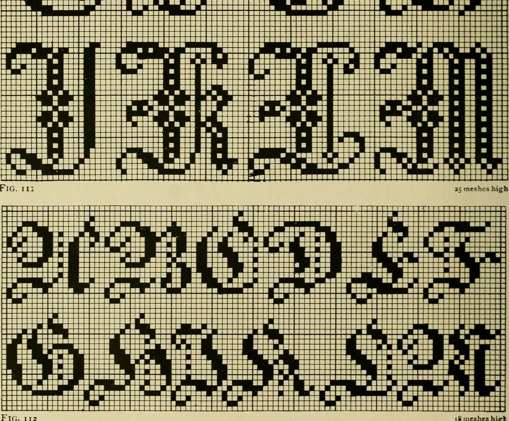 An illustration from The Priscilla filet crochet book : a collection of beautiful designs in filet crochet, equally adapted to cross-stitch beads and canvas with working directions, 1915, leaf 49