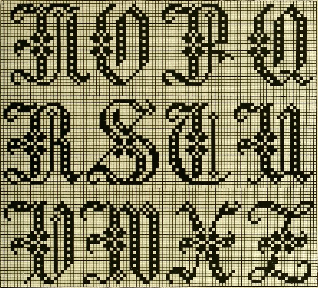 An illustration from The Priscilla filet crochet book : a collection of beautiful designs in filet crochet, equally adapted to cross-stitch beads and canvas with working directions, 1915, leaf 50