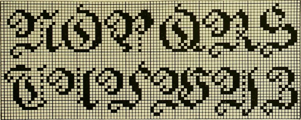 An illustration from The Priscilla filet crochet book : a collection of beautiful designs in filet crochet, equally adapted to cross-stitch beads and canvas with working directions, 1915, leaf 50