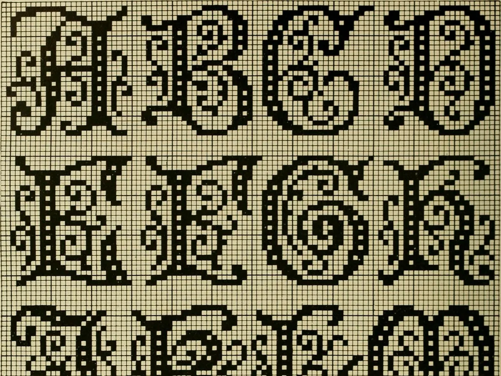 An illustration from The Priscilla filet crochet book : a collection of beautiful designs in filet crochet, equally adapted to cross-stitch beads and canvas with working directions, 1915, leaf 51